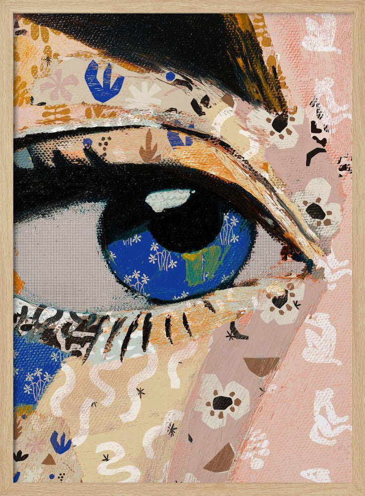 A vibrant mixed-media collage painting focusing on a large human eye. The iris is a deep blue filled with tiny white flower patterns, while the surrounding skin is a patchwork of pink and beige papers with various abstract and floral motifs. The eye is framed by thick black eyeliner. Wall Art