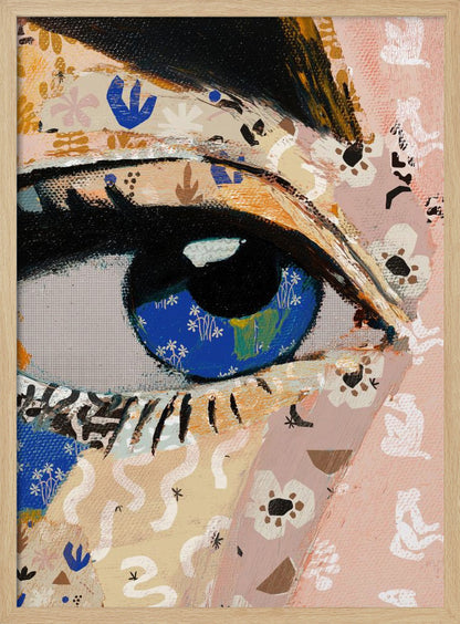 A vibrant mixed-media collage painting focusing on a large human eye. The iris is a deep blue filled with tiny white flower patterns, while the surrounding skin is a patchwork of pink and beige papers with various abstract and floral motifs. The eye is framed by thick black eyeliner. Wall Art