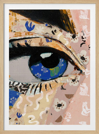 A vibrant mixed-media collage painting focusing on a large human eye. The iris is a deep blue filled with tiny white flower patterns, while the surrounding skin is a patchwork of pink and beige papers with various abstract and floral motifs. The eye is framed by thick black eyeliner. Wall Art