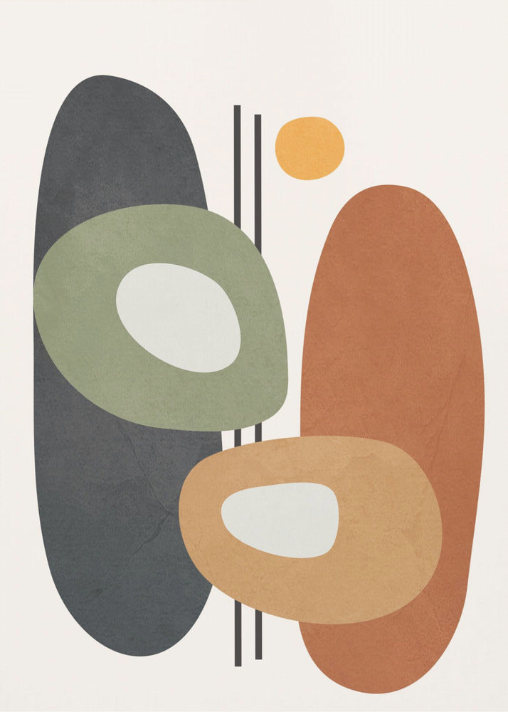 An abstract art print in a black frame, featuring a collection of overlapping organic shapes in muted earth tones. A large dark gray oval is on the left, next to a burnt orange oval on the right. In front of them are two ring-like shapes, one olive green and one light orange, both with off-white centers. A small yellow circle is near the top, and thin vertical black lines cut through the composition. The background is a soft off-white. Print
