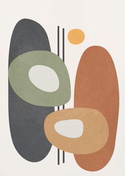 An abstract art print in a black frame, featuring a collection of overlapping organic shapes in muted earth tones. A large dark gray oval is on the left, next to a burnt orange oval on the right. In front of them are two ring-like shapes, one olive green and one light orange, both with off-white centers. A small yellow circle is near the top, and thin vertical black lines cut through the composition. The background is a soft off-white. Print