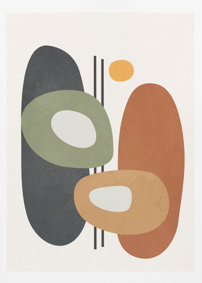An abstract art print in a black frame, featuring a collection of overlapping organic shapes in muted earth tones. A large dark gray oval is on the left, next to a burnt orange oval on the right. In front of them are two ring-like shapes, one olive green and one light orange, both with off-white centers. A small yellow circle is near the top, and thin vertical black lines cut through the composition. The background is a soft off-white. Print