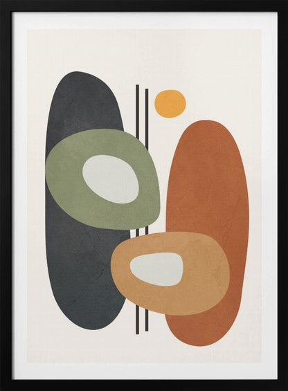 An abstract art print in a black frame, featuring a collection of overlapping organic shapes in muted earth tones. A large dark gray oval is on the left, next to a burnt orange oval on the right. In front of them are two ring-like shapes, one olive green and one light orange, both with off-white centers. A small yellow circle is near the top, and thin vertical black lines cut through the composition. The background is a soft off-white. Print