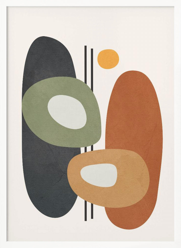 An abstract art print in a black frame, featuring a collection of overlapping organic shapes in muted earth tones. A large dark gray oval is on the left, next to a burnt orange oval on the right. In front of them are two ring-like shapes, one olive green and one light orange, both with off-white centers. A small yellow circle is near the top, and thin vertical black lines cut through the composition. The background is a soft off-white. Print