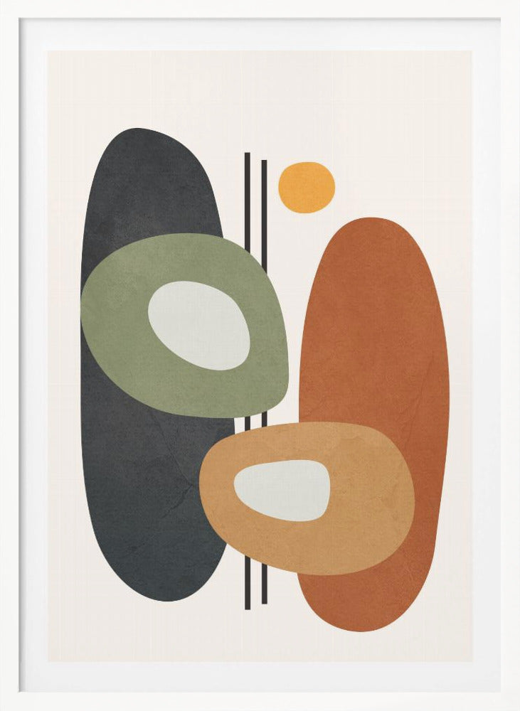 An abstract art print in a black frame, featuring a collection of overlapping organic shapes in muted earth tones. A large dark gray oval is on the left, next to a burnt orange oval on the right. In front of them are two ring-like shapes, one olive green and one light orange, both with off-white centers. A small yellow circle is near the top, and thin vertical black lines cut through the composition. The background is a soft off-white. Print