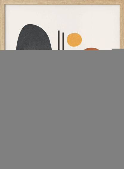An abstract art print in a black frame, featuring a collection of overlapping organic shapes in muted earth tones. A large dark gray oval is on the left, next to a burnt orange oval on the right. In front of them are two ring-like shapes, one olive green and one light orange, both with off-white centers. A small yellow circle is near the top, and thin vertical black lines cut through the composition. The background is a soft off-white. Print