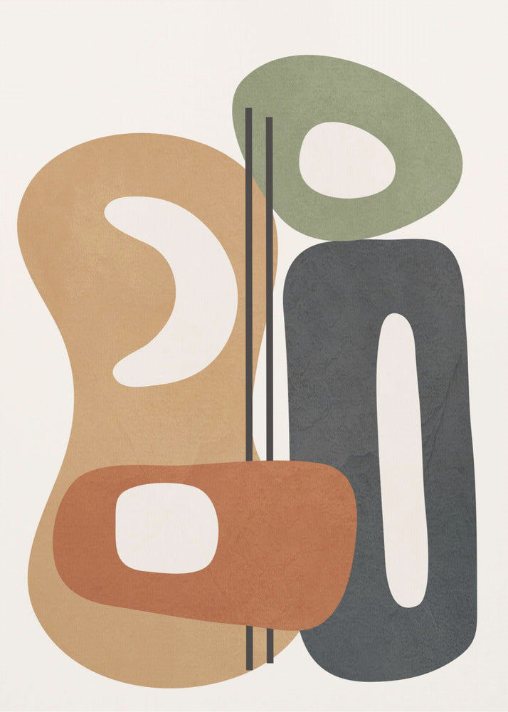 A modern abstract painting featuring a collection of overlapping organic shapes in muted tones of brown, terracotta, sage green, and dark gray. The shapes, which have rounded corners and internal cutouts, are arranged vertically on a cream-colored background, with two thin black lines dissecting the center. Wall Art