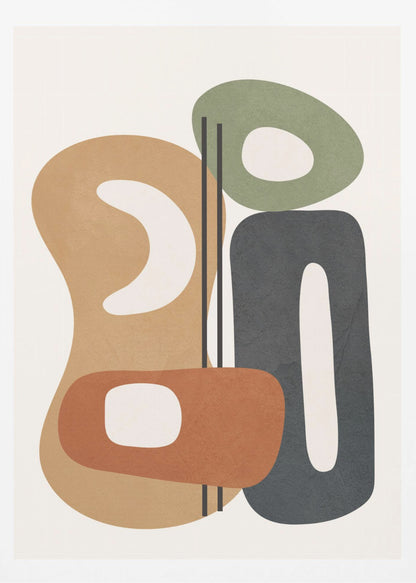 A modern abstract painting featuring a collection of overlapping organic shapes in muted tones of brown, terracotta, sage green, and dark gray. The shapes, which have rounded corners and internal cutouts, are arranged vertically on a cream-colored background, with two thin black lines dissecting the center. Wall Art