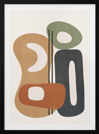 A modern abstract painting featuring a collection of overlapping organic shapes in muted tones of brown, terracotta, sage green, and dark gray. The shapes, which have rounded corners and internal cutouts, are arranged vertically on a cream-colored background, with two thin black lines dissecting the center. Wall Art