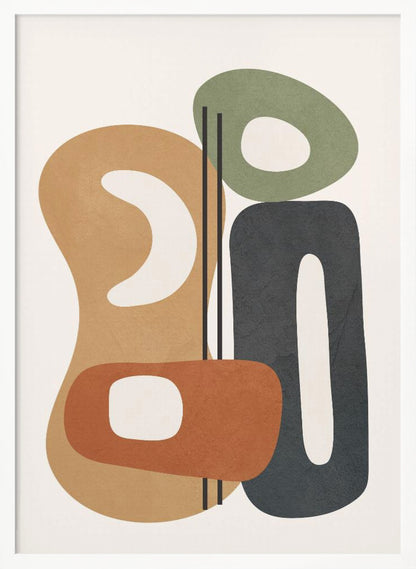 A modern abstract painting featuring a collection of overlapping organic shapes in muted tones of brown, terracotta, sage green, and dark gray. The shapes, which have rounded corners and internal cutouts, are arranged vertically on a cream-colored background, with two thin black lines dissecting the center. Wall Art