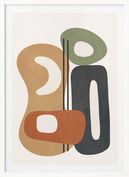 A modern abstract painting featuring a collection of overlapping organic shapes in muted tones of brown, terracotta, sage green, and dark gray. The shapes, which have rounded corners and internal cutouts, are arranged vertically on a cream-colored background, with two thin black lines dissecting the center. Wall Art