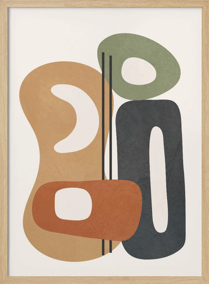 A modern abstract painting featuring a collection of overlapping organic shapes in muted tones of brown, terracotta, sage green, and dark gray. The shapes, which have rounded corners and internal cutouts, are arranged vertically on a cream-colored background, with two thin black lines dissecting the center. Wall Art