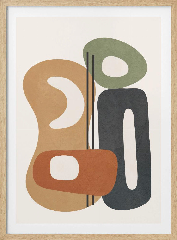 A modern abstract painting featuring a collection of overlapping organic shapes in muted tones of brown, terracotta, sage green, and dark gray. The shapes, which have rounded corners and internal cutouts, are arranged vertically on a cream-colored background, with two thin black lines dissecting the center. Wall Art