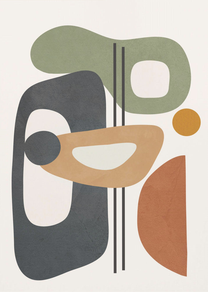 A framed abstract art piece featuring a collection of overlapping organic shapes in muted earth tones of sage green, dark grey, ochre, and terracotta. The shapes, some with cutouts, are arranged vertically against a light cream background, with three thin black vertical lines dissecting the composition. Poster