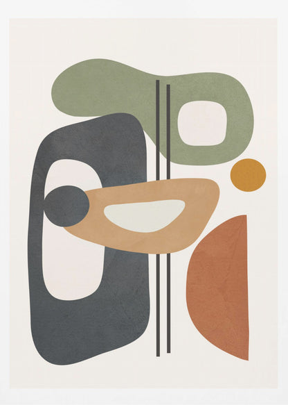 A framed abstract art piece featuring a collection of overlapping organic shapes in muted earth tones of sage green, dark grey, ochre, and terracotta. The shapes, some with cutouts, are arranged vertically against a light cream background, with three thin black vertical lines dissecting the composition. Poster