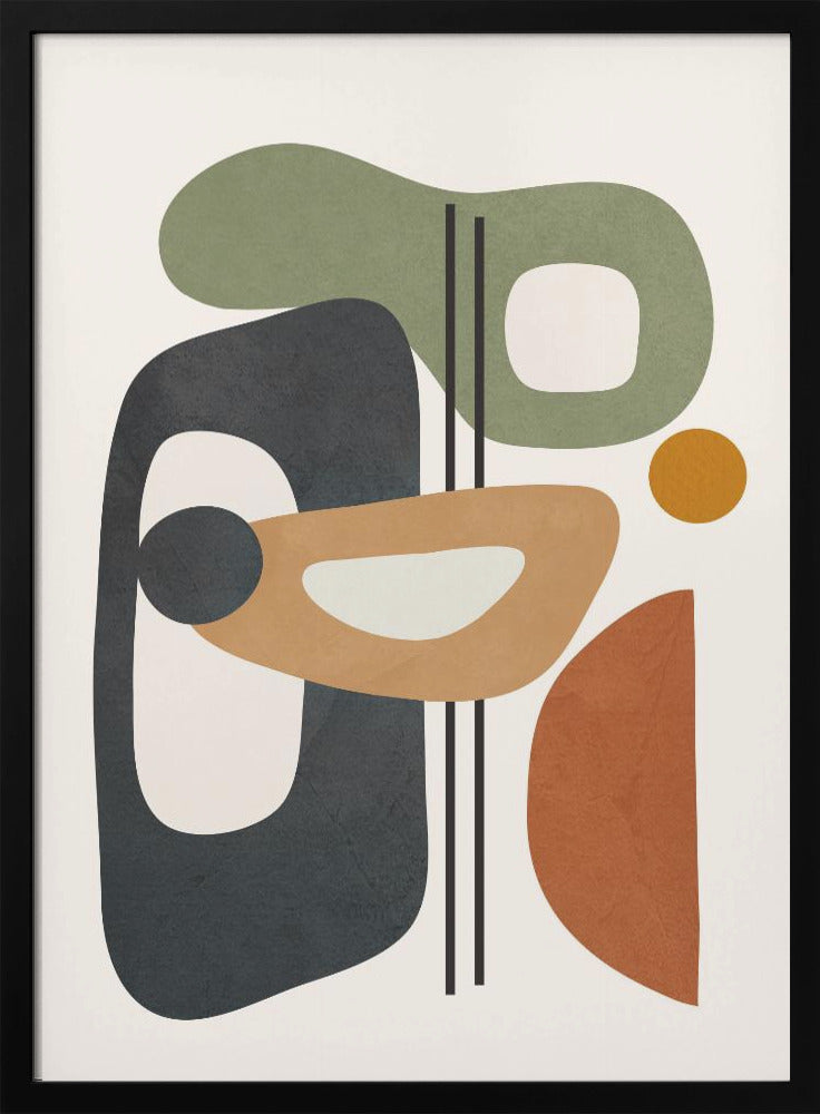 A framed abstract art piece featuring a collection of overlapping organic shapes in muted earth tones of sage green, dark grey, ochre, and terracotta. The shapes, some with cutouts, are arranged vertically against a light cream background, with three thin black vertical lines dissecting the composition. Poster