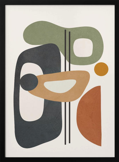 A framed abstract art piece featuring a collection of overlapping organic shapes in muted earth tones of sage green, dark grey, ochre, and terracotta. The shapes, some with cutouts, are arranged vertically against a light cream background, with three thin black vertical lines dissecting the composition. Poster
