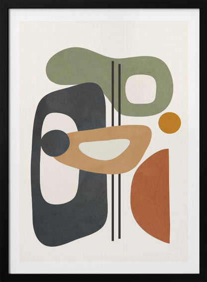 A framed abstract art piece featuring a collection of overlapping organic shapes in muted earth tones of sage green, dark grey, ochre, and terracotta. The shapes, some with cutouts, are arranged vertically against a light cream background, with three thin black vertical lines dissecting the composition. Poster