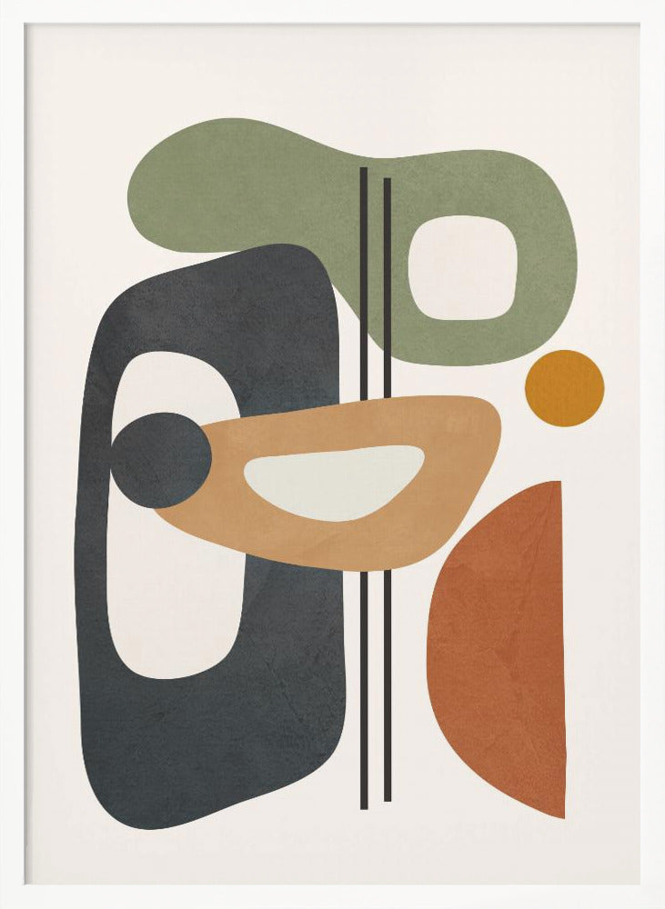 A framed abstract art piece featuring a collection of overlapping organic shapes in muted earth tones of sage green, dark grey, ochre, and terracotta. The shapes, some with cutouts, are arranged vertically against a light cream background, with three thin black vertical lines dissecting the composition. Poster