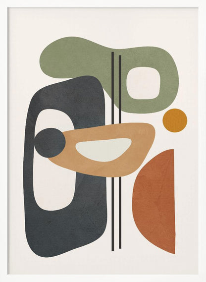 A framed abstract art piece featuring a collection of overlapping organic shapes in muted earth tones of sage green, dark grey, ochre, and terracotta. The shapes, some with cutouts, are arranged vertically against a light cream background, with three thin black vertical lines dissecting the composition. Poster