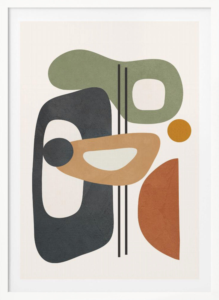 A framed abstract art piece featuring a collection of overlapping organic shapes in muted earth tones of sage green, dark grey, ochre, and terracotta. The shapes, some with cutouts, are arranged vertically against a light cream background, with three thin black vertical lines dissecting the composition. Poster