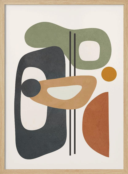 A framed abstract art piece featuring a collection of overlapping organic shapes in muted earth tones of sage green, dark grey, ochre, and terracotta. The shapes, some with cutouts, are arranged vertically against a light cream background, with three thin black vertical lines dissecting the composition. Poster