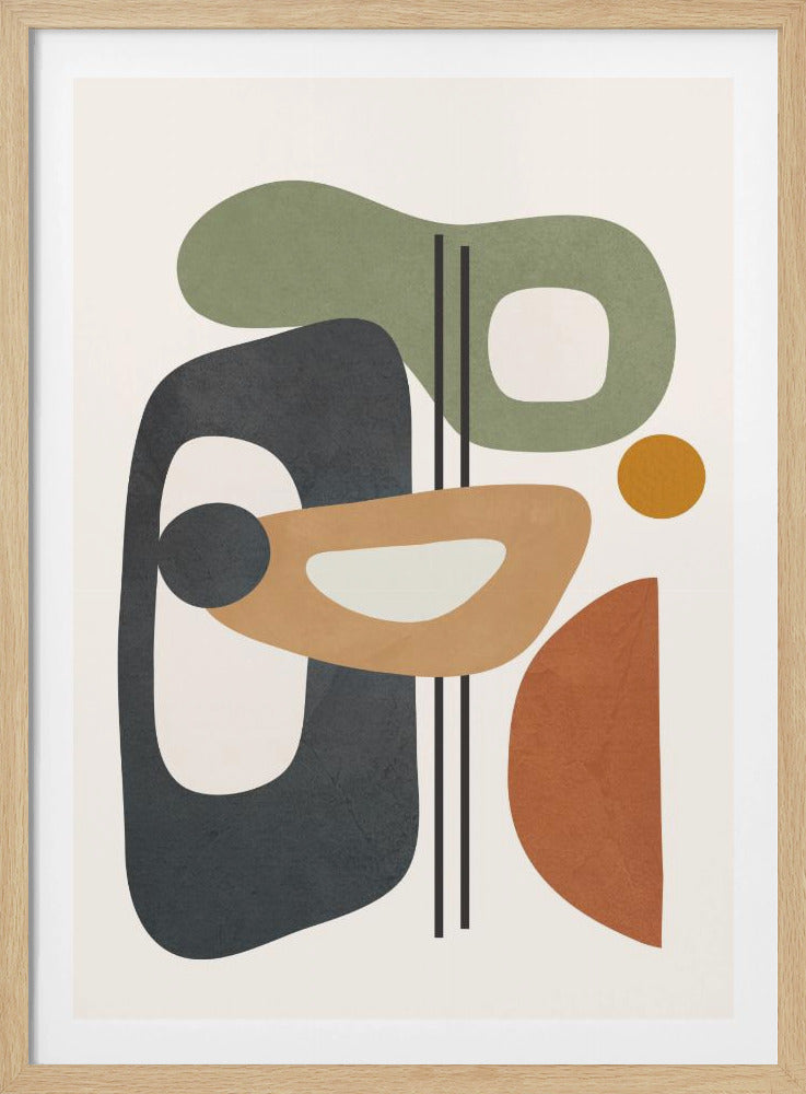 A framed abstract art piece featuring a collection of overlapping organic shapes in muted earth tones of sage green, dark grey, ochre, and terracotta. The shapes, some with cutouts, are arranged vertically against a light cream background, with three thin black vertical lines dissecting the composition. Poster