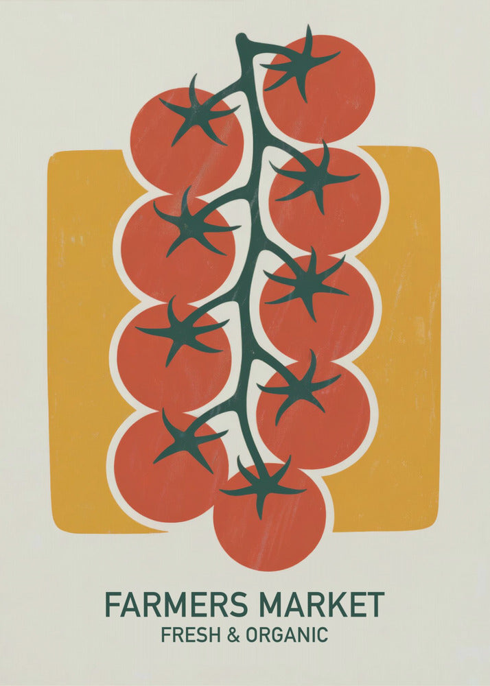 A vintage-style art print of bright red cherry tomatoes on a dark green vine, set against a mustard yellow rectangle on an off-white background. Below the image, text reads 'FARMERS MARKET' and 'FRESH & ORGANIC'. Decor