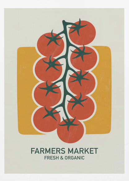 A vintage-style art print of bright red cherry tomatoes on a dark green vine, set against a mustard yellow rectangle on an off-white background. Below the image, text reads 'FARMERS MARKET' and 'FRESH & ORGANIC'. Decor