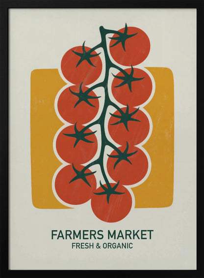 A vintage-style art print of bright red cherry tomatoes on a dark green vine, set against a mustard yellow rectangle on an off-white background. Below the image, text reads 'FARMERS MARKET' and 'FRESH & ORGANIC'. Decor