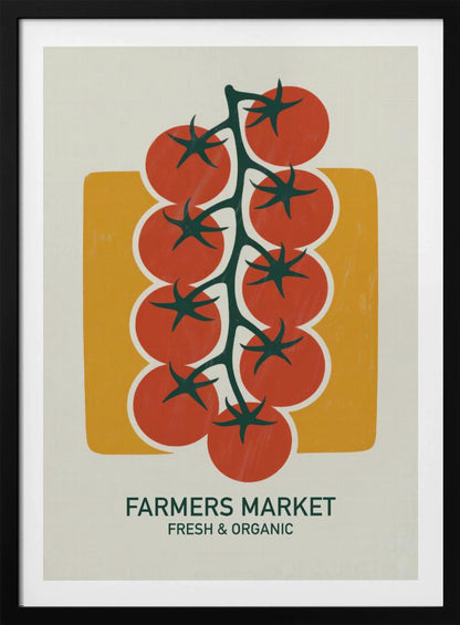 A vintage-style art print of bright red cherry tomatoes on a dark green vine, set against a mustard yellow rectangle on an off-white background. Below the image, text reads 'FARMERS MARKET' and 'FRESH & ORGANIC'. Decor