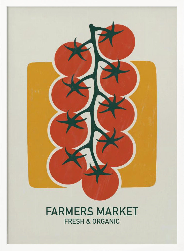 A vintage-style art print of bright red cherry tomatoes on a dark green vine, set against a mustard yellow rectangle on an off-white background. Below the image, text reads 'FARMERS MARKET' and 'FRESH & ORGANIC'. Decor