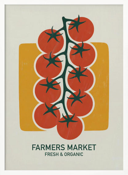 A vintage-style art print of bright red cherry tomatoes on a dark green vine, set against a mustard yellow rectangle on an off-white background. Below the image, text reads 'FARMERS MARKET' and 'FRESH & ORGANIC'. Decor