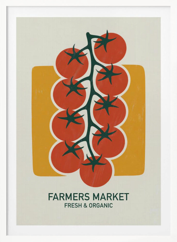 A vintage-style art print of bright red cherry tomatoes on a dark green vine, set against a mustard yellow rectangle on an off-white background. Below the image, text reads 'FARMERS MARKET' and 'FRESH & ORGANIC'. Decor
