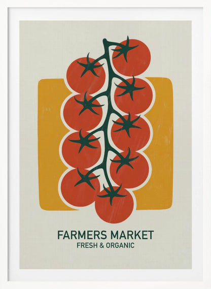 A vintage-style art print of bright red cherry tomatoes on a dark green vine, set against a mustard yellow rectangle on an off-white background. Below the image, text reads 'FARMERS MARKET' and 'FRESH & ORGANIC'. Decor