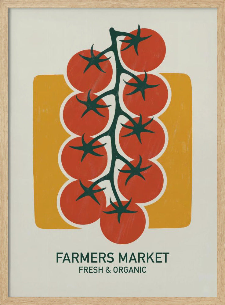 A vintage-style art print of bright red cherry tomatoes on a dark green vine, set against a mustard yellow rectangle on an off-white background. Below the image, text reads 'FARMERS MARKET' and 'FRESH & ORGANIC'. Decor