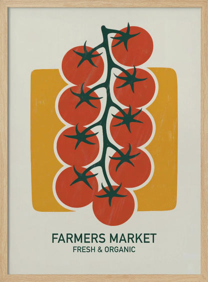 A vintage-style art print of bright red cherry tomatoes on a dark green vine, set against a mustard yellow rectangle on an off-white background. Below the image, text reads 'FARMERS MARKET' and 'FRESH & ORGANIC'. Decor