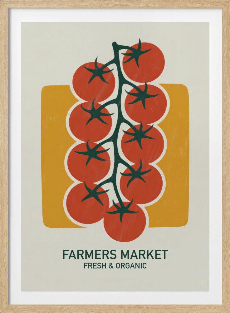 A vintage-style art print of bright red cherry tomatoes on a dark green vine, set against a mustard yellow rectangle on an off-white background. Below the image, text reads 'FARMERS MARKET' and 'FRESH & ORGANIC'. Decor