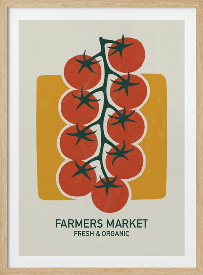 A vintage-style art print of bright red cherry tomatoes on a dark green vine, set against a mustard yellow rectangle on an off-white background. Below the image, text reads 'FARMERS MARKET' and 'FRESH & ORGANIC'. Decor