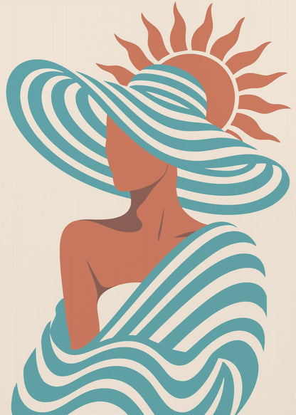 A minimalist art print of a faceless woman in a large, blue and white striped sun hat, wrapped in a matching striped shawl, with a stylized orange sun in the background against a cream-colored backdrop. Decor