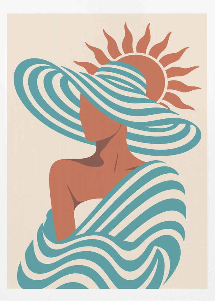 A minimalist art print of a faceless woman in a large, blue and white striped sun hat, wrapped in a matching striped shawl, with a stylized orange sun in the background against a cream-colored backdrop. Decor