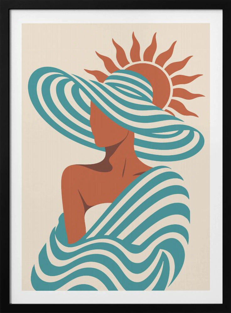 A minimalist art print of a faceless woman in a large, blue and white striped sun hat, wrapped in a matching striped shawl, with a stylized orange sun in the background against a cream-colored backdrop. Decor