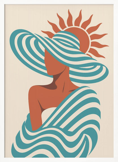 A minimalist art print of a faceless woman in a large, blue and white striped sun hat, wrapped in a matching striped shawl, with a stylized orange sun in the background against a cream-colored backdrop. Decor