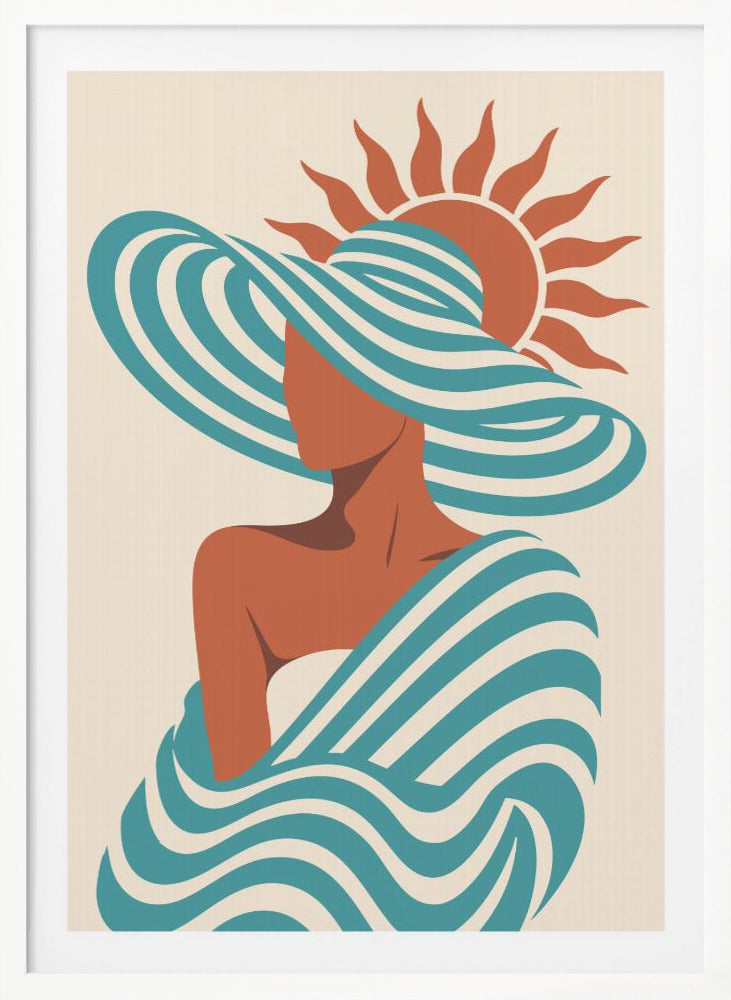 A minimalist art print of a faceless woman in a large, blue and white striped sun hat, wrapped in a matching striped shawl, with a stylized orange sun in the background against a cream-colored backdrop. Decor
