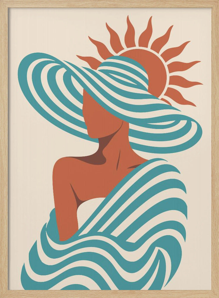A minimalist art print of a faceless woman in a large, blue and white striped sun hat, wrapped in a matching striped shawl, with a stylized orange sun in the background against a cream-colored backdrop. Decor