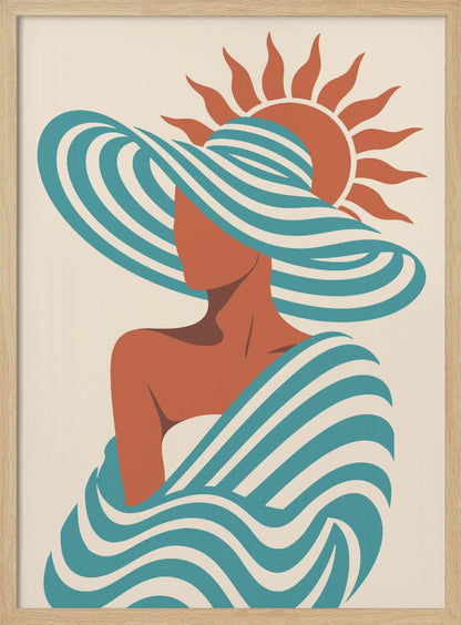 A minimalist art print of a faceless woman in a large, blue and white striped sun hat, wrapped in a matching striped shawl, with a stylized orange sun in the background against a cream-colored backdrop. Decor