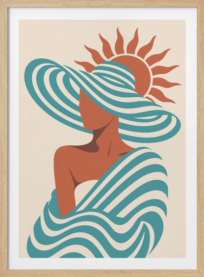 A minimalist art print of a faceless woman in a large, blue and white striped sun hat, wrapped in a matching striped shawl, with a stylized orange sun in the background against a cream-colored backdrop. Decor