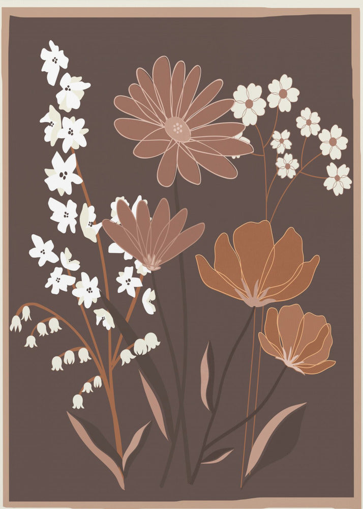 A minimalist floral illustration featuring a bouquet of stylized flowers in shades of brown, muted orange, and off-white, set against a dark chocolate brown background. The artwork is framed with a thin light brown and cream border. Decor