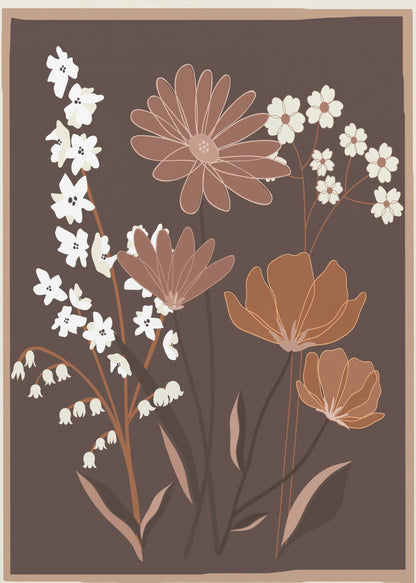 A minimalist floral illustration featuring a bouquet of stylized flowers in shades of brown, muted orange, and off-white, set against a dark chocolate brown background. The artwork is framed with a thin light brown and cream border. Decor