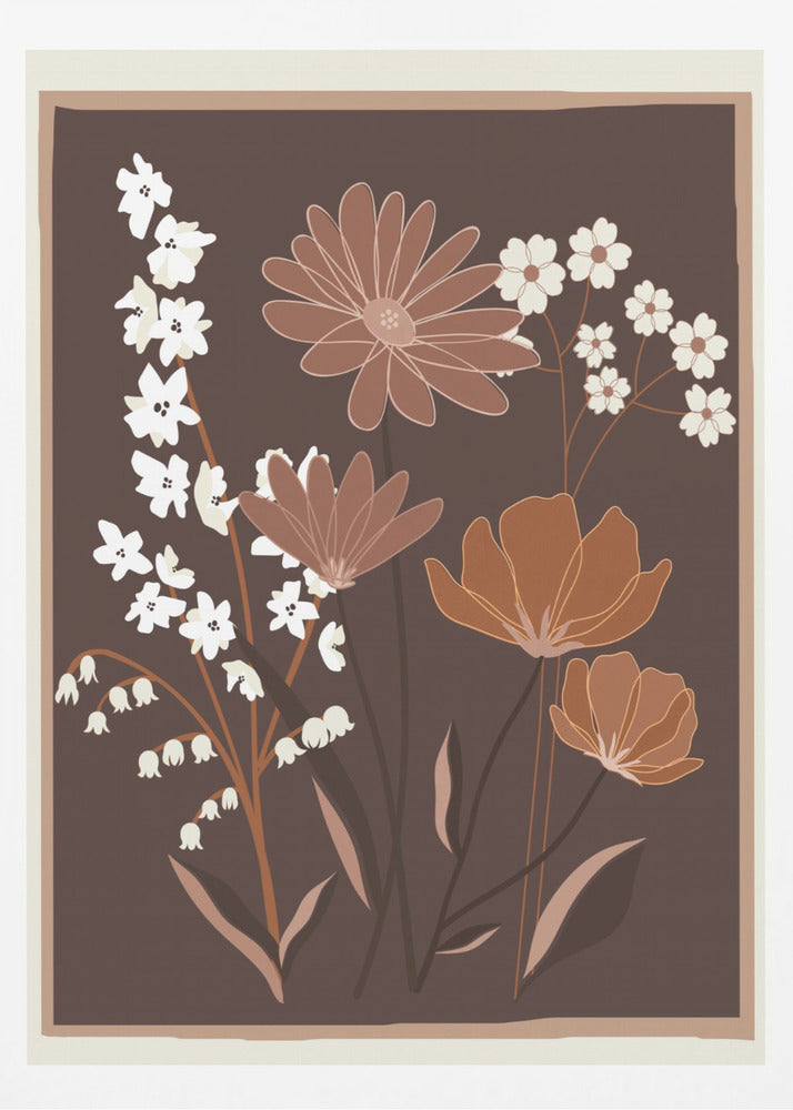 A minimalist floral illustration featuring a bouquet of stylized flowers in shades of brown, muted orange, and off-white, set against a dark chocolate brown background. The artwork is framed with a thin light brown and cream border. Decor